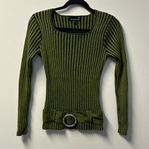 LAURA PETITES women's green black grunge ribbed longsleeve top with belt, P/S.
